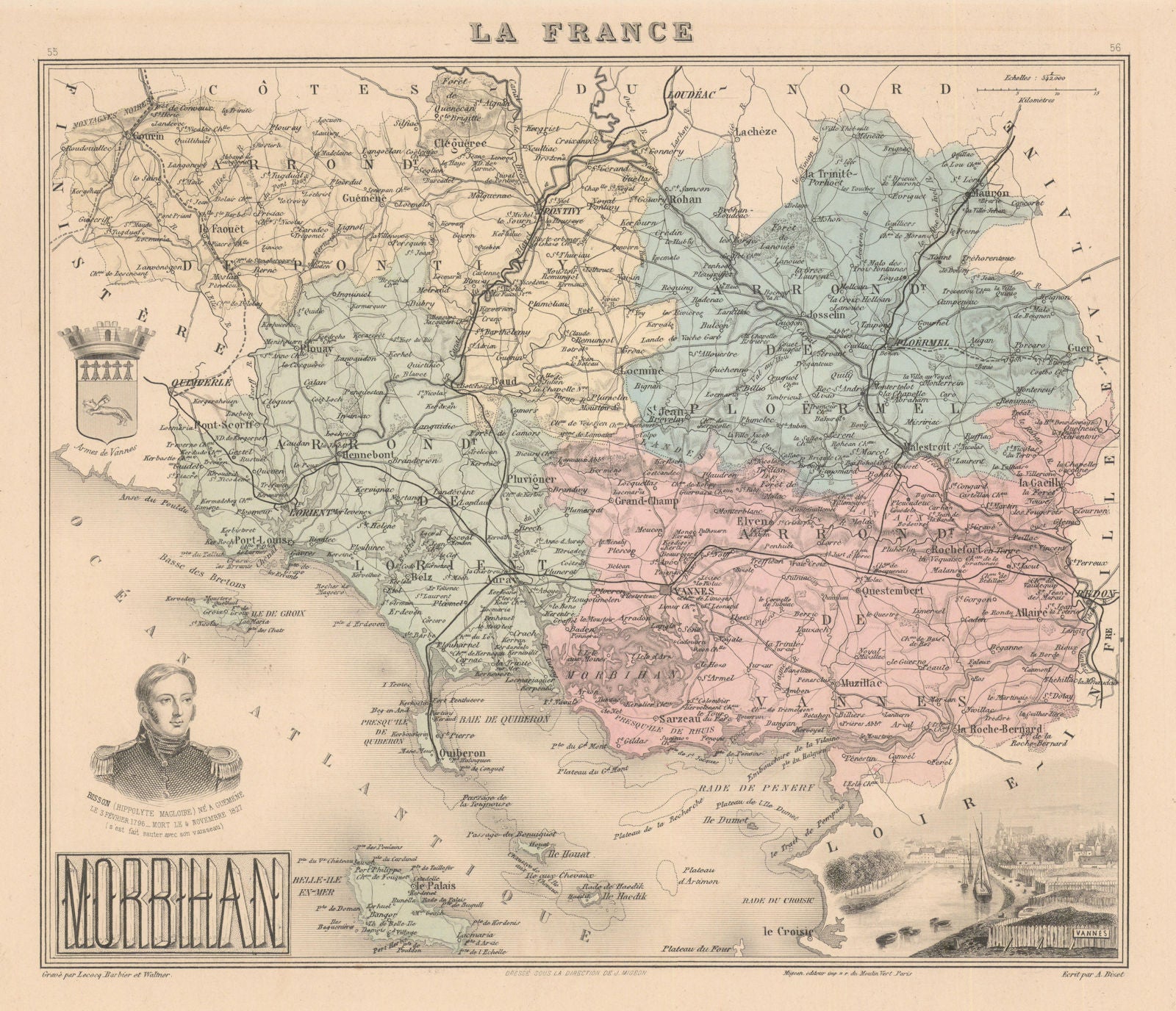 Morbihan département. Vannes vignette. Vuillemin 1890 old antique map chart